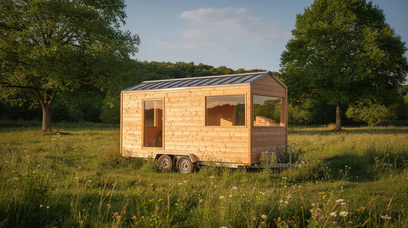 528f8df196bf4b3f93c368778228d4c8 A small wooden tiny house on wheels is parked in a lush meadow surrounded by trees in the background embodying the essence of tiny living and the freedom of a comfortable lifestyle This charming tiny home offers a perfect escape for those embracing the tiny house experience where nature and simplicity coexist harmoniously