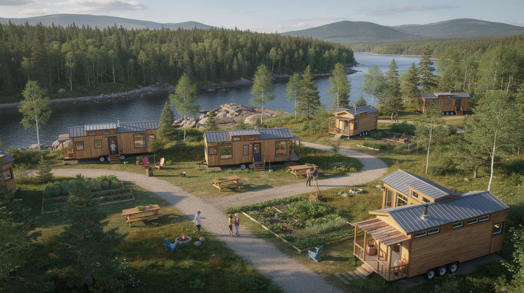 52af4cf8a03046bc8fd9fdb9c2821d52 The image depicts a serene tiny home community in Southern Maine showcasing several charming tiny houses nestled among lush greenery This tiny house park offers a variety of affordable living options promoting a lifestyle of tiny living while providing a sense of community for its residents