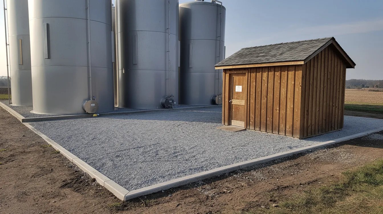 52df8fc2f98a4180a5140ecdde480955 The image features large cylindrical water storage tanks placed on gravel pads next to a small wooden structure illustrating a rainwater harvesting system designed for a tiny house These tanks collect and store rainwater providing a sustainable source of fresh water for irrigation and household use