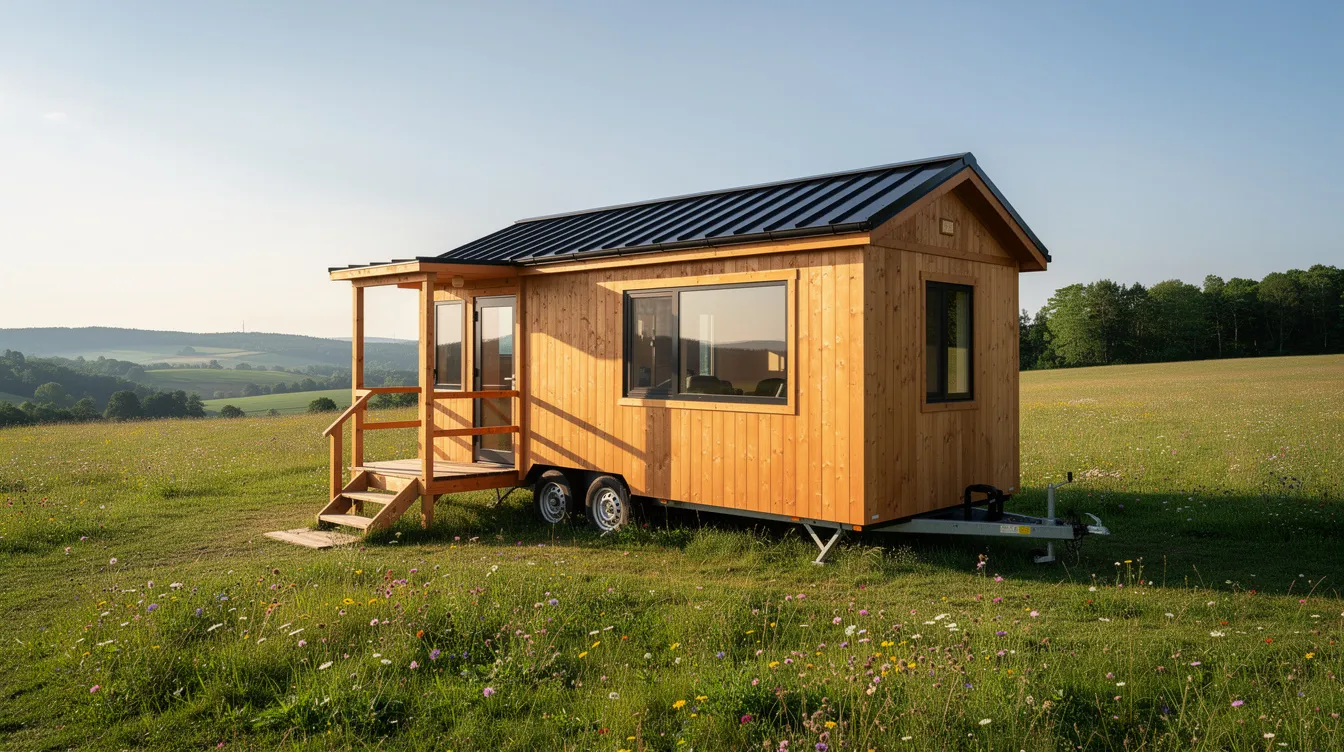 52f4e94be9a04ddfb14fbc60162fc5af A quaint wooden tiny house on wheels is parked in a picturesque meadow surrounded by lush greenery and wildflowers embodying the essence of the tiny house movement This scene highlights the appeal of tiny living offering an affordable housing option for those looking to own a tiny home while enjoying nature