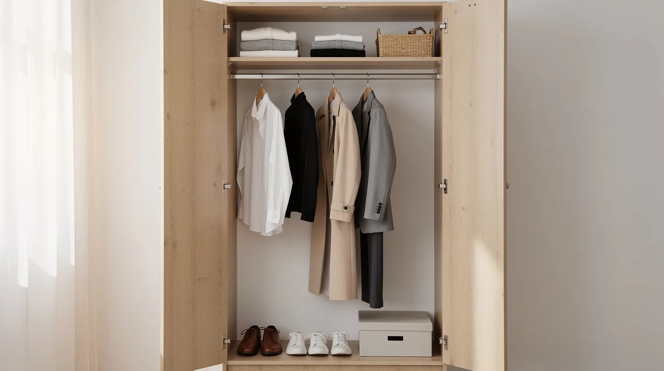 5393c52325dd4fbbb4c55a4b231270e8 The image depicts a minimal capsule wardrobe neatly arranged in a small wooden closet showcasing organized shelves filled with a limited selection of clothing ideal for tiny house living This setup emphasizes the downsizing process focusing on quality over quantity in a compact living space