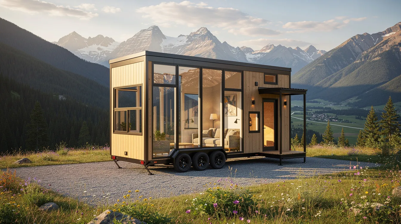 53a781401eaa486e97245f7579c1906d A completed tiny house trailer featuring large windows that reflect the stunning mountain landscape is parked in a scenic setting This custom tiny house showcases the beauty of tiny living surrounded by nature highlighting the appeal of tiny homes in the great outdoors