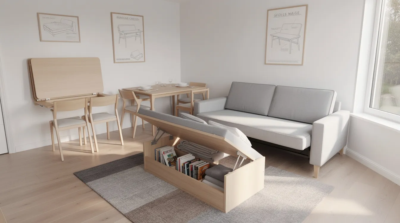 5435a62d935c42a59acb2f7e6588515c The image showcases a cozy tiny house interior featuring multi functional furniture systems including a convertible sofa bed and a wall mounted folding table designed to maximize space and enhance tiny house living Natural light floods the room through large windows highlighting the creative use of hidden storage and reclaimed wood accents making even the smallest space feel larger and more inviting