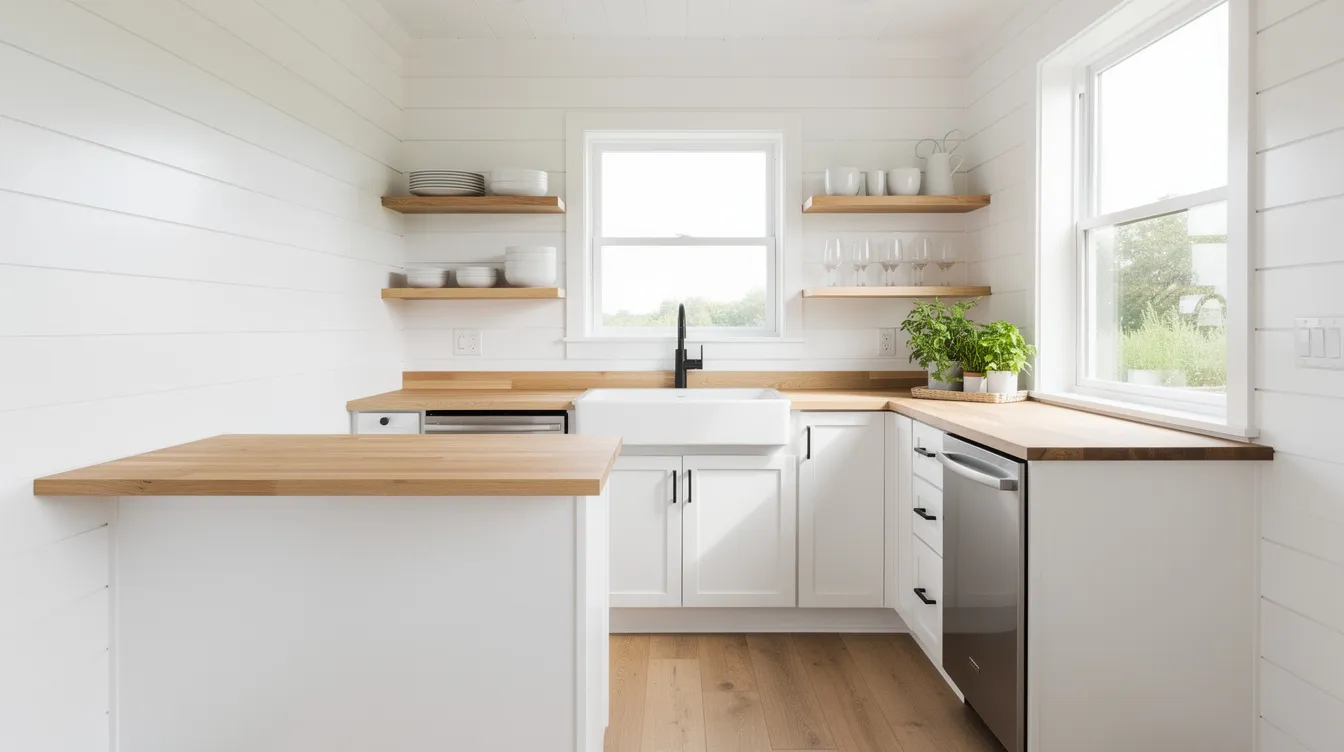 547b74ac72b242a6aab9cd8cf1302eea The image features a bright white tiny house kitchen characterized by shiplap walls and natural wood accents creating a warm and inviting atmosphere The space is filled with natural light streaming through large windows highlighting the modern farmhouse charm and efficient design of this small space