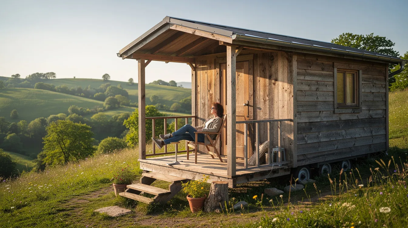 54e90af12fb54b08892b7f51e4f70ad3 A person is relaxing on a wooden porch of a cozy tiny cabin enjoying the serene view of lush green hills in Pennsylvania This tranquil setting highlights the unique lifestyle of tiny living offering a perfect retreat in a tiny home community