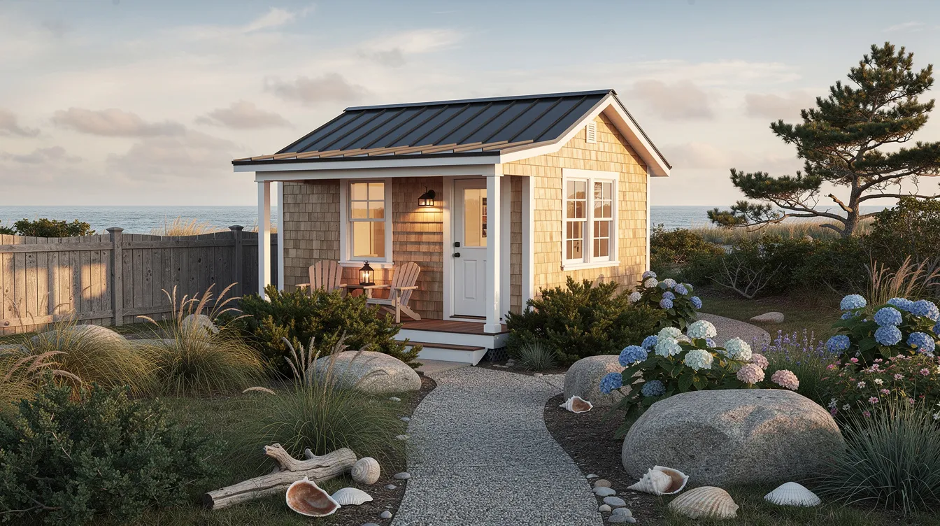 553f8cf807724d20943e593faf2c5463 The image shows a cozy tiny house exterior nestled in a coastal New England setting surrounded by lush landscaping typical of Rhode Island This tiny home features a charming design that emphasizes efficient use of space while offering high end finishes perfect for those interested in tiny living and sustainable lifestyles