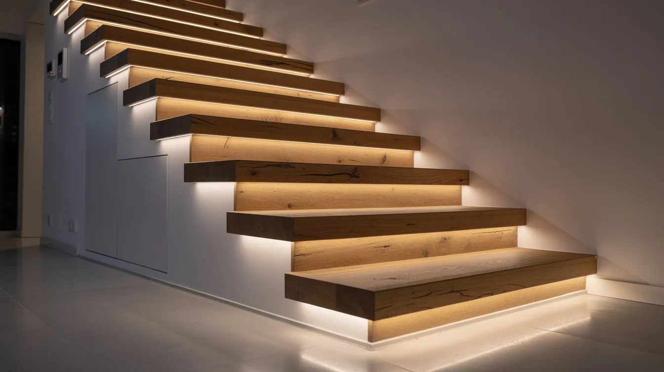554458676c3148cbbdad31da8f5879a5 The image features LED strip lighting installed under wooden stair treads creating a warm glow that illuminates the pathway of a tiny house staircase This design choice enhances the aesthetic of the loft space while providing safety and visibility in small living areas