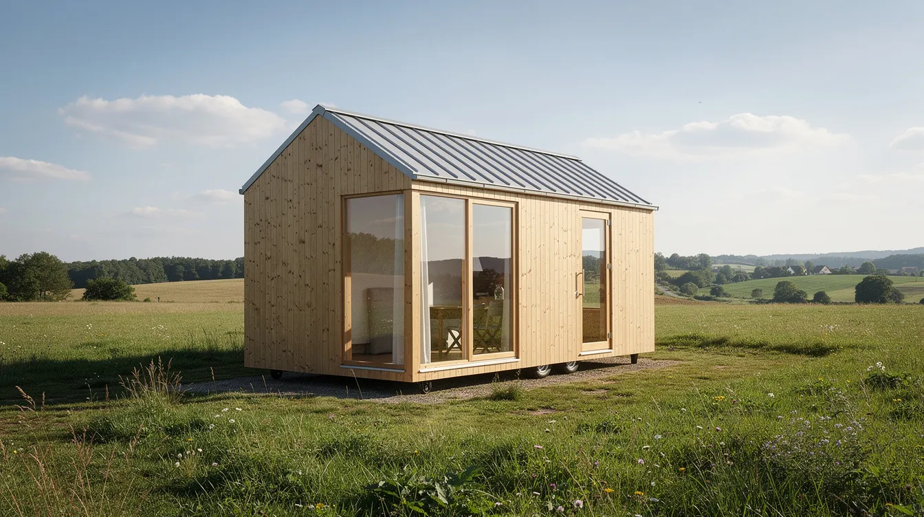 5548e92682f04b32911631a10b2538c4 The image features a small wooden tiny house with large windows situated on a grassy rural lot exemplifying the appeal of tiny living and affordable housing options This charming tiny home could serve as a permanent residence for tiny homeowners seeking a minimalist lifestyle in harmony with nature