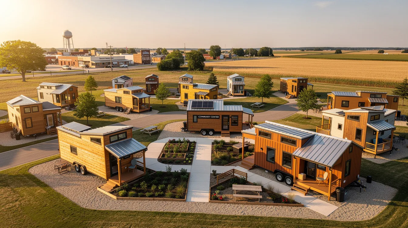 566b9d0844214cb797d593b57f2b57ef The image depicts a vibrant tiny house community in Illinois featuring several colorful tiny homes surrounded by lush greenery and walking trails Residents enjoy amenities such as a community garden BBQ facilities and outdoor spaces for events creating a welcoming environment for tiny house living