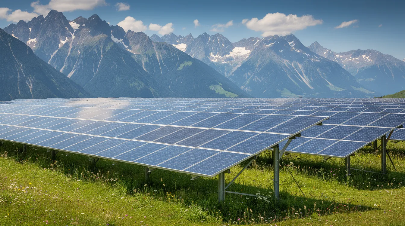 56c192b2243e47ff818d937ddc5a91e0 The image shows a serene meadow bathed in sunlight where solar panels are neatly arranged harnessing solar power against a backdrop of majestic mountains This setup represents a sustainable energy solution ideal for powering tiny houses or providing backup power sources during a power outage