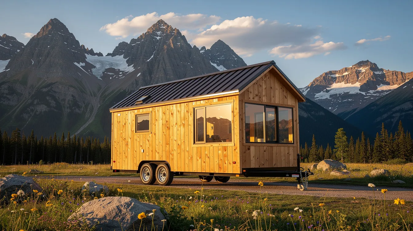 58283d5c220d4b918d47992d0ec52c02 A small wooden tiny house on wheels is parked in a picturesque mountain setting surrounded by lush greenery and towering peaks This image represents the charm of tiny homes which may require specialized tiny house insurance options to protect personal property and ensure compliance with local zoning laws