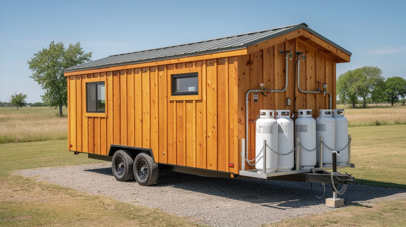 588c0961dcdb4d5eaef85fdda11e7b38 The image shows propane tanks securely mounted outside a small wooden tiny house on wheels part of a propane system designed for cooking and heating The setup includes a standard propane regulator and connections for appliances like a gas stove and tankless water heater ensuring efficient energy use and safety
