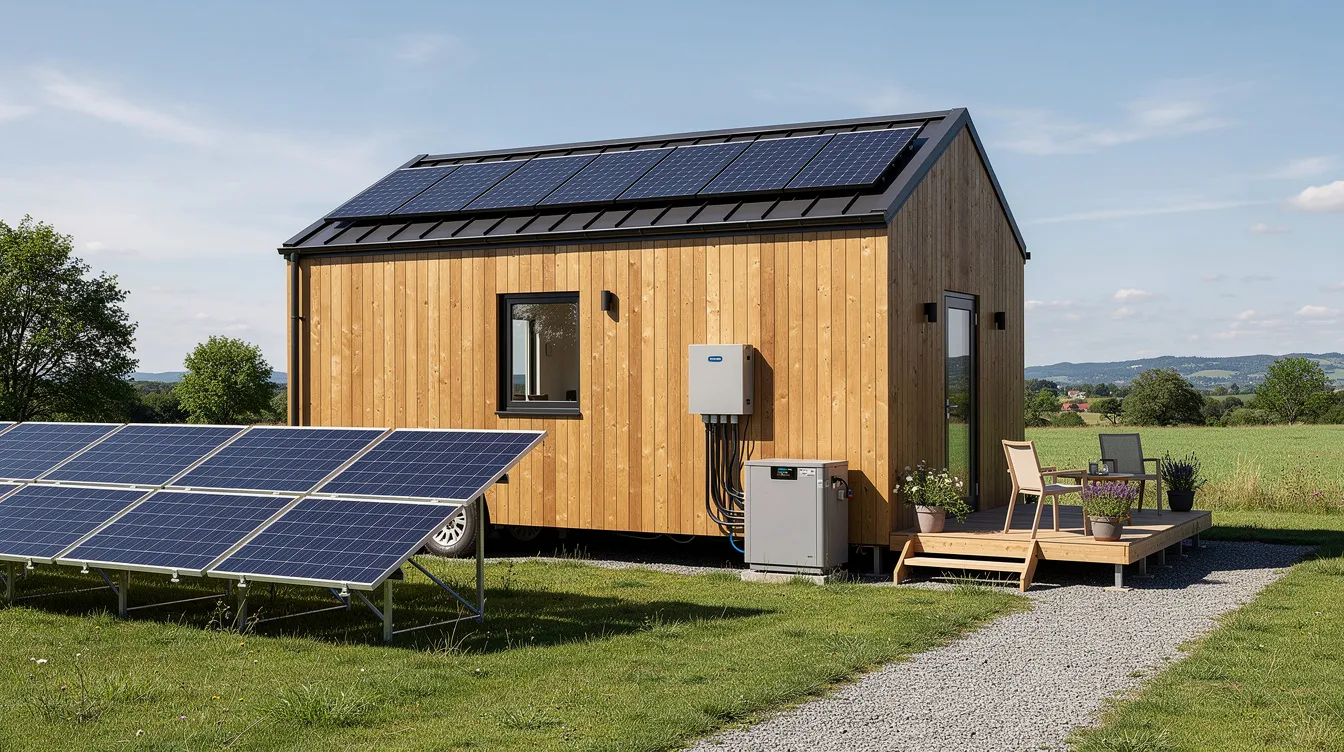 58ddec356bd24abf89fa17bab1194780 The image depicts a tiny house solar setup showcasing solar panels installed on the roof of a miniature dwelling surrounded by a small garden This eco friendly arrangement reflects a focus on sustainable living ideal for tiny house enthusiasts and those looking to harness solar energy in a compact form