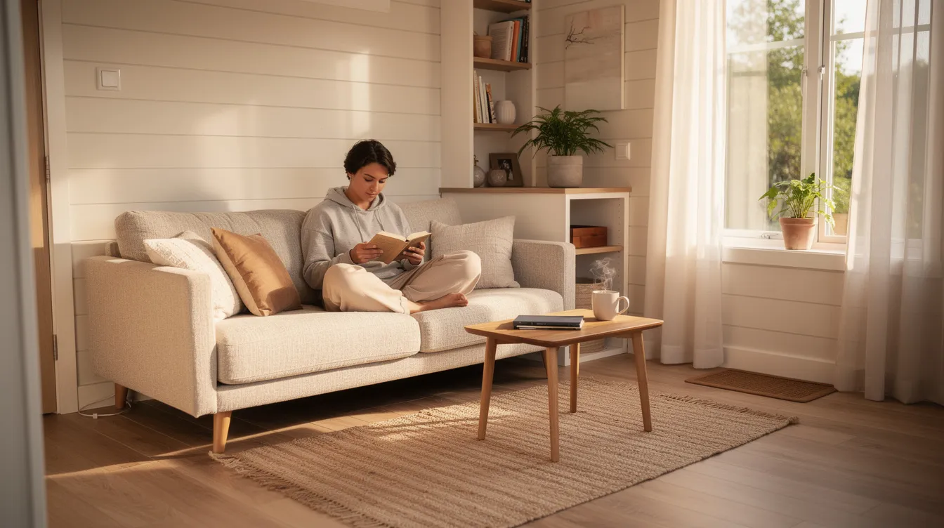 58ed5690e69f4581bfd367ba35d31297 The image depicts the interior of a cozy tiny house living space featuring a person comfortably reading on a small sofa positioned near a window allowing natural light to fill the room This thoughtful design maximizes the limited space showcasing the benefits of tiny living in a warm and inviting atmosphere