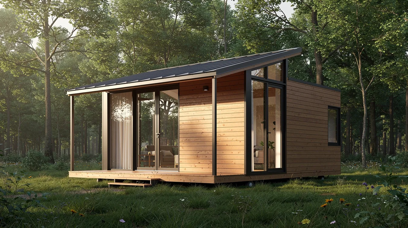 5975c72df4bf43fb829c9cb33c5735b7 A modern tiny house with cedar siding and large windows is nestled in a serene clearing surrounded by trees embodying the essence of tiny living This small space offers a perfect blend of comfort and connection to nature ideal for couples seeking their dream house in the great outdoors