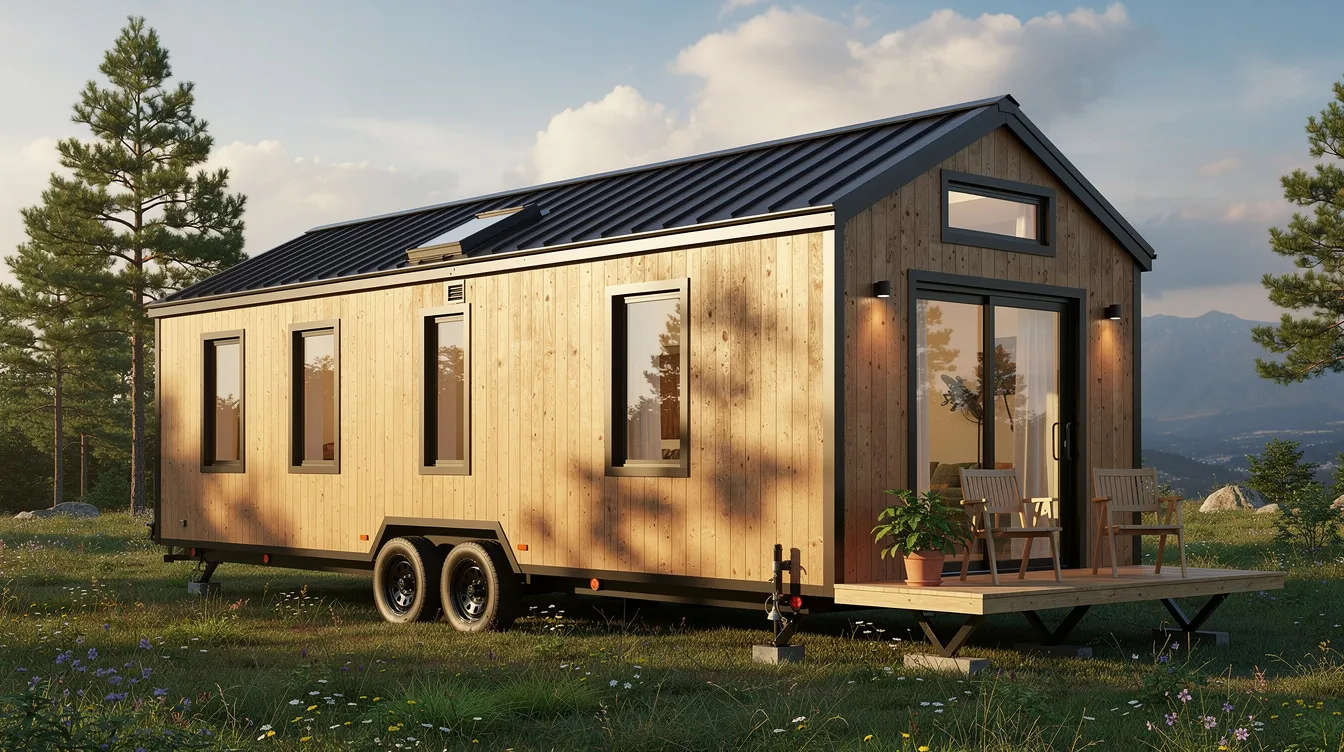 597c940b460d4fbc9993d73b09289dbd This image showcases a cozy tiny house on wheels featuring an A frame design with floor to ceiling windows that allow ample natural light The small space is cleverly designed with an open floor plan maximizing storage and counter space making it an ideal option for tiny living or as a guest house
