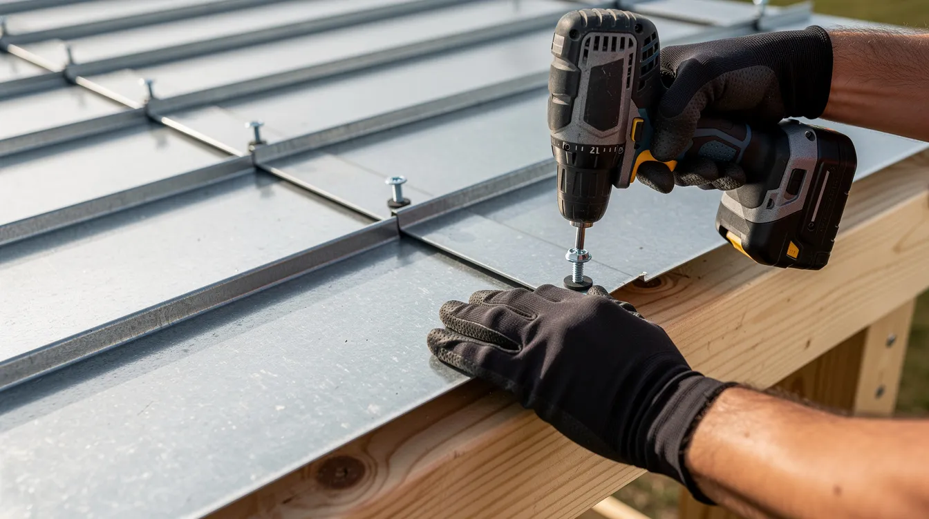 59bcea05cb094d56a1a94d97f7409406 A close up view of metal roofing panels being installed on a small structure showcasing high quality materials that ensure durability and weather protection for a tiny house This image highlights the build quality essential for maintaining the longevity of a well built tiny home