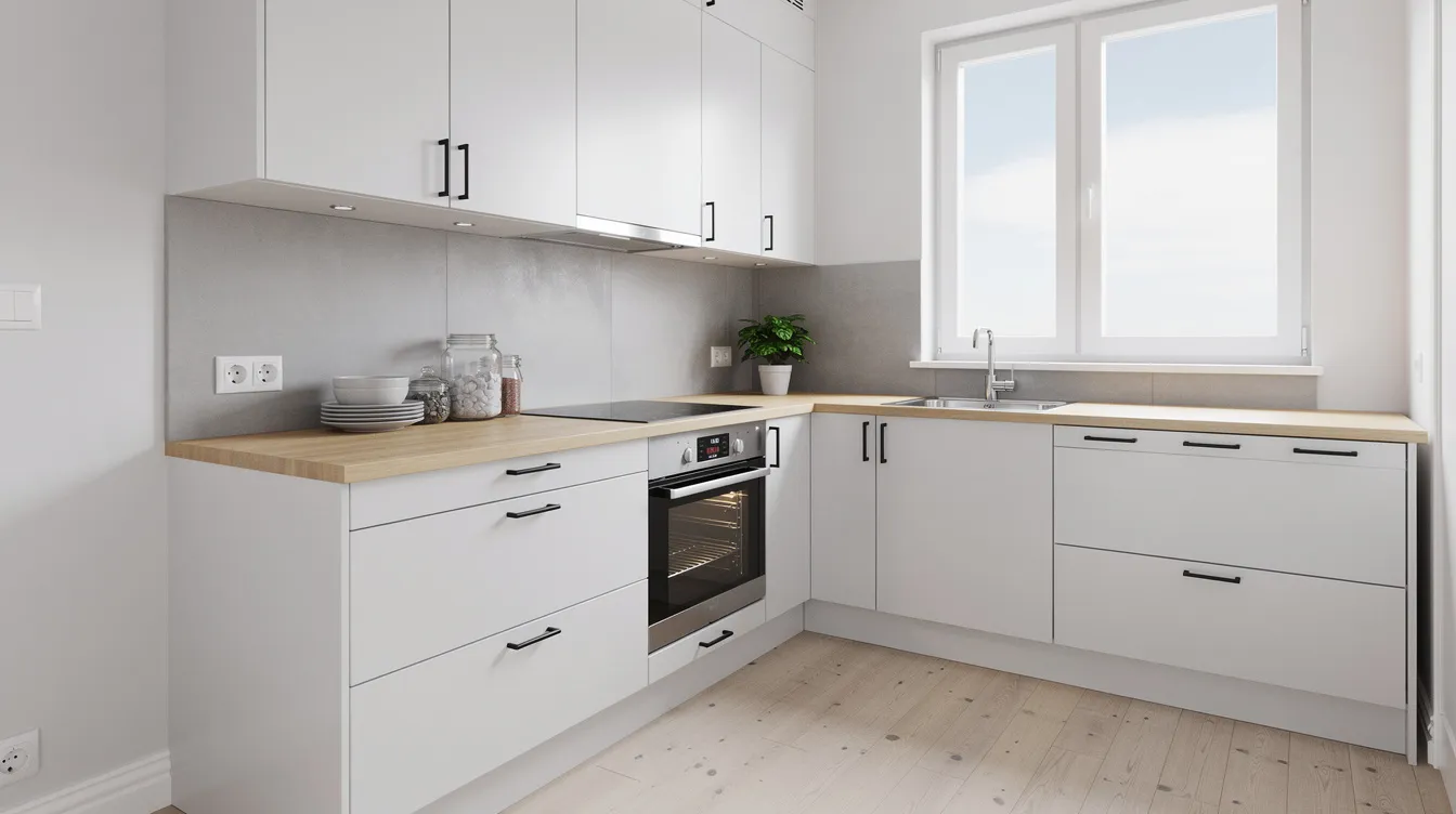 59f9718916ab4dd1b43d8b2a3bc11840 The image depicts a compact Scandinavian kitchen characterized by white cabinets and birch countertops showcasing a stylish and functional tiny house design Large windows allow ample natural light to fill the space enhancing the cozy atmosphere created by natural materials and textures