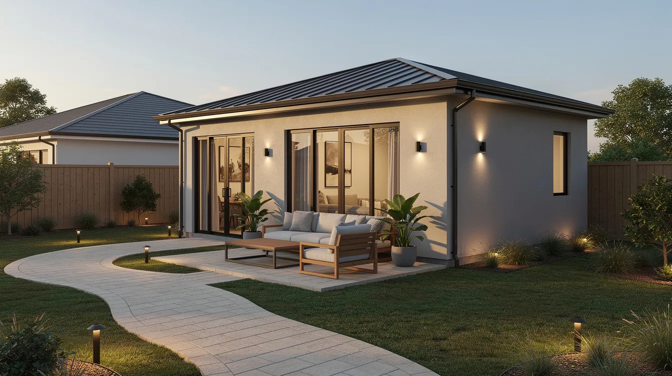 5a18b819e3374d75bc69399038142348 The image depicts a modern finished backyard accessory dwelling unit ADU featuring a cozy outdoor seating area and a well defined pathway This inviting space showcases the concept of tiny living offering a perfect setting for family gatherings or quiet relaxation