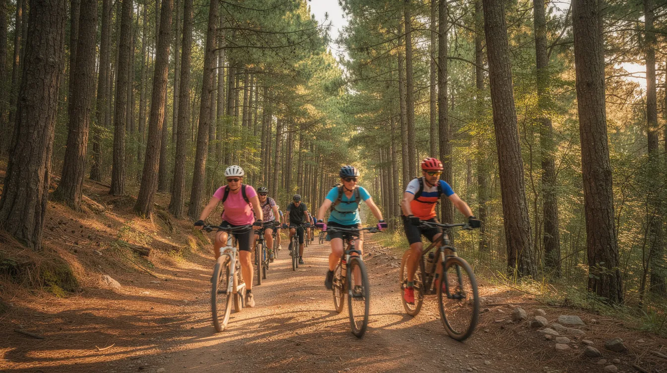5a1debf3ff8c4921a2d12a3a206ab994 A group of people is riding bicycles along a scenic forest trail surrounded by tall pine trees showcasing the beauty of the great outdoors This vibrant scene reflects an active lifestyle that many residents in tiny home communities in Mississippi enjoy while exploring nature