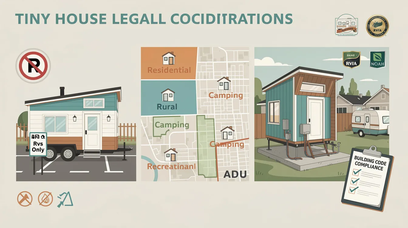5a907e0ce49c42349e696018de6b89c8 The image depicts a tiny house on wheels parked in a rural area highlighting the challenges of legal classification as a recreational vehicle rather than a permanent residence Surrounding the tiny home are signs indicating local zoning laws emphasizing the importance of understanding local building codes and regulations for those considering compact living spaces