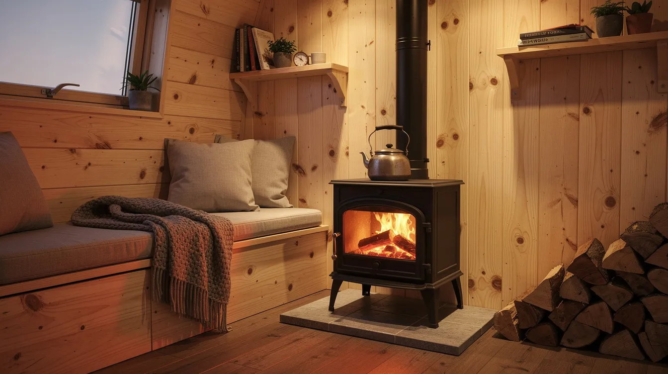5acb89875a704cb4a05435665c33628d The image depicts the cozy interior of a tiny house featuring a small wood burning stove glowing warmly against rustic wooden walls The stove designed for efficient heating in small spaces radiates warmth creating a welcoming atmosphere perfect for staying warm during cold winter nights