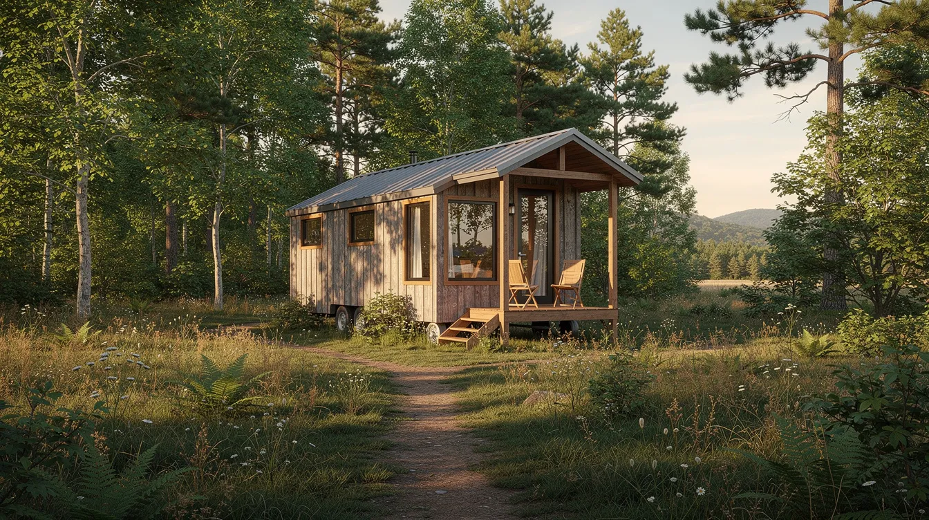 5ad7678fbe984dd59a97cb6b9e422cdf A rustic tiny home nestled among lush trees and a natural landscape in a rural Arkansas setting showcasing the simplicity and charm of tiny house living This peaceful dwelling offers a perfect retreat for those seeking a full time residence in a serene community