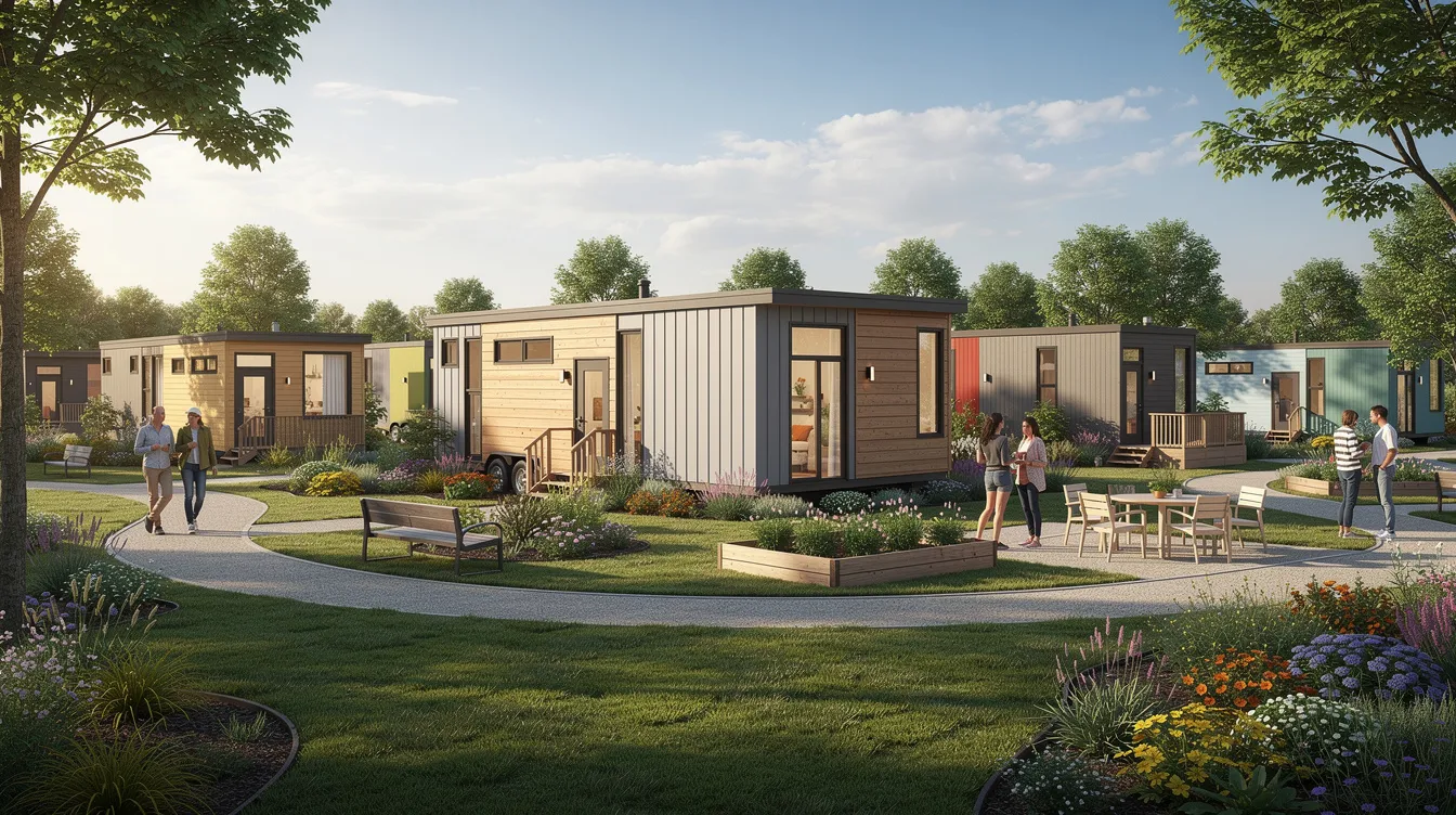 5adb4d7338fb411489cc4621401b7696 The image depicts a vibrant tiny house community featuring a row of custom tiny houses each with unique designs surrounded by lush green spaces and interconnected walking paths This setting highlights the concept of tiny homes living harmoniously emphasizing community and shared outdoor areas