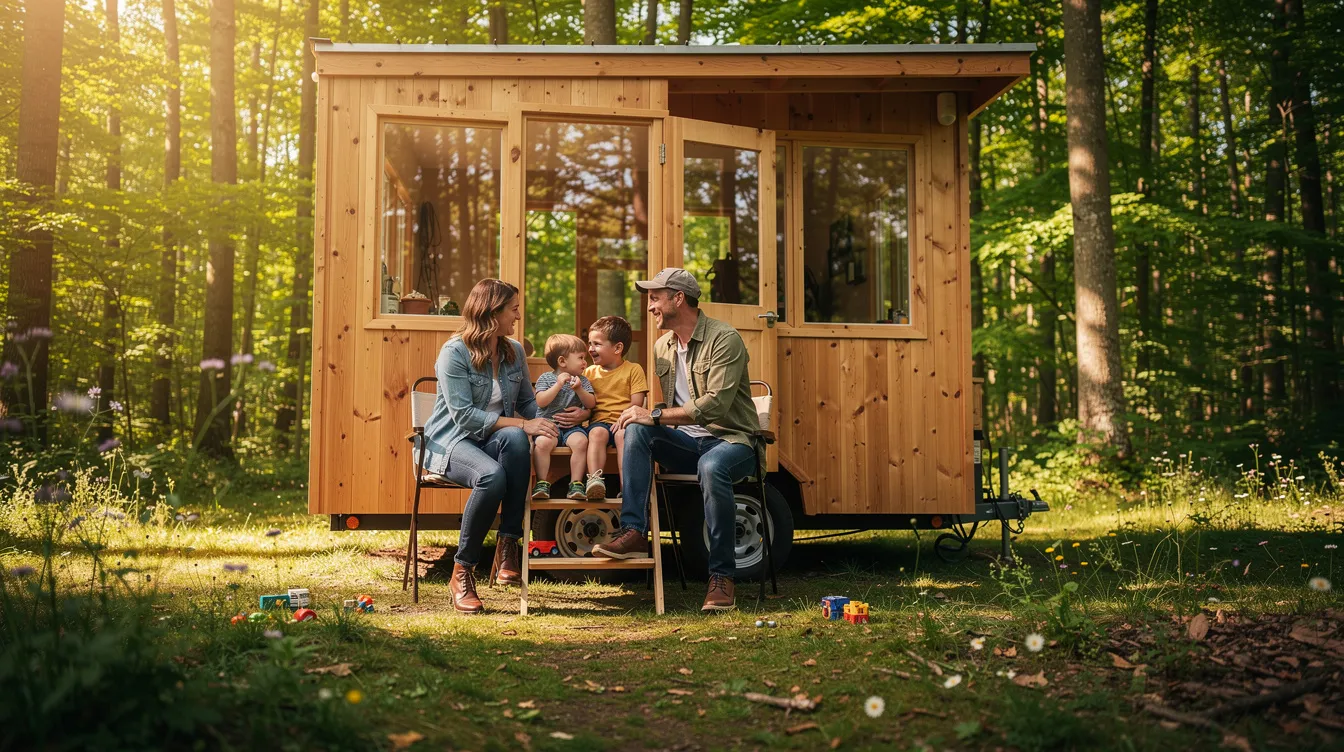 5b2206778e9f40feadbc73865ea1b24c A family with two young children sits together on the porch of their tiny house on wheels surrounded by tall trees and enjoying the fresh air This scene captures the essence of tiny house living emphasizing the close family relationships fostered in such a small space