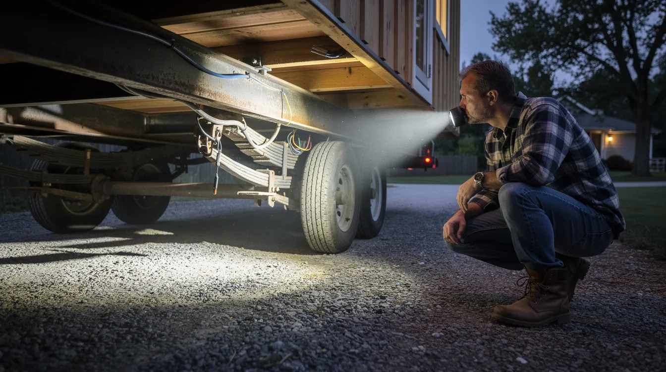 5b5949df52b54748baa3389be6ec6431 A person is crouched down inspecting the underside of a tiny house trailer with a flashlight checking for potential moisture issues and ensuring proper air circulation to prevent condensation and mold growth in such a small space The scene highlights the importance of controlling humidity levels and maintaining the trailer's structural integrity.