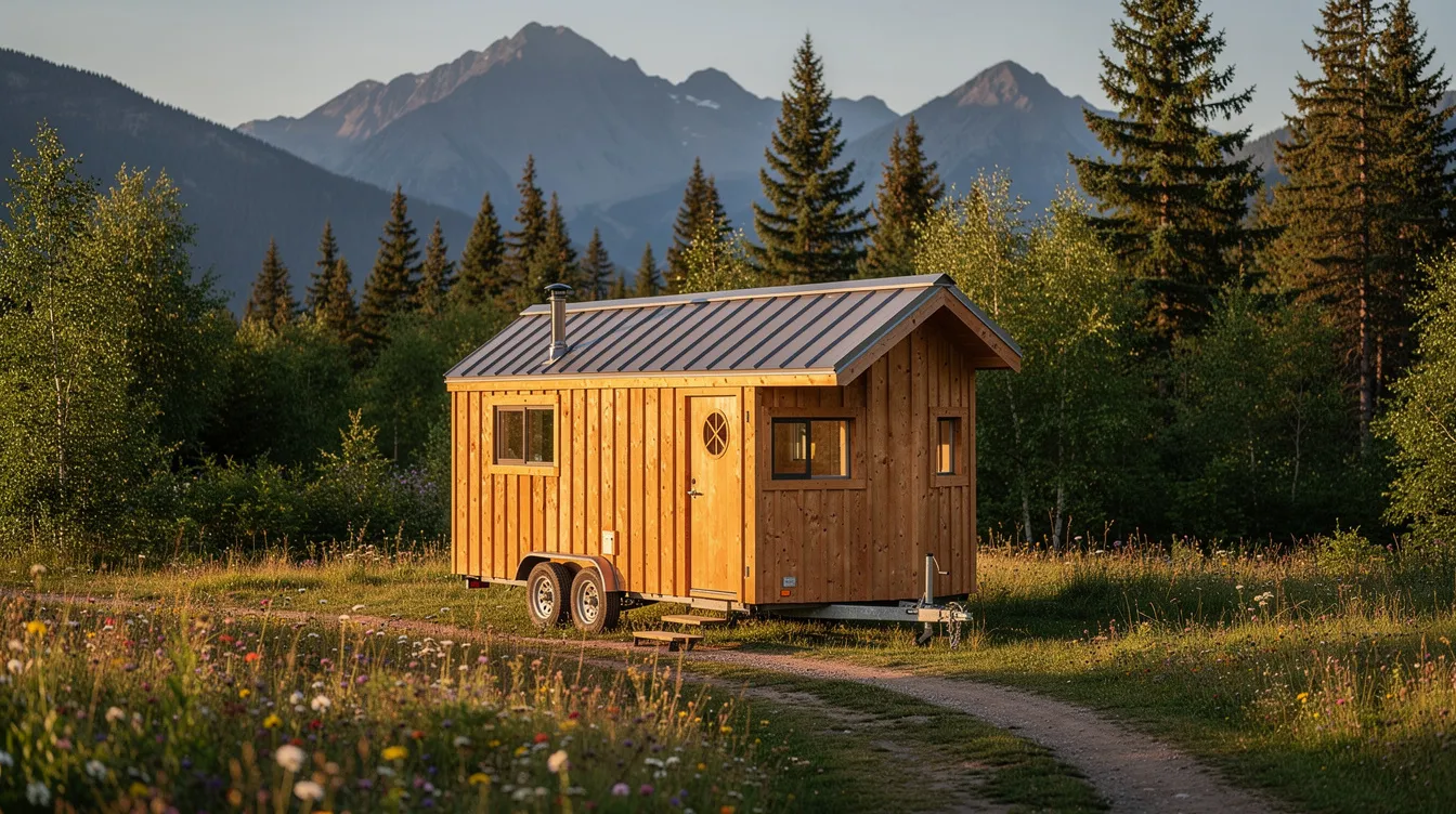 5c9acbe4f566444fbe5bfafac067abed A small wooden tiny house on wheels is parked in a picturesque rural mountain setting surrounded by lush trees and scenic views This image reflects the essence of the tiny house movement showcasing a cozy dwelling that adheres to local zoning regulations and building codes for tiny homes