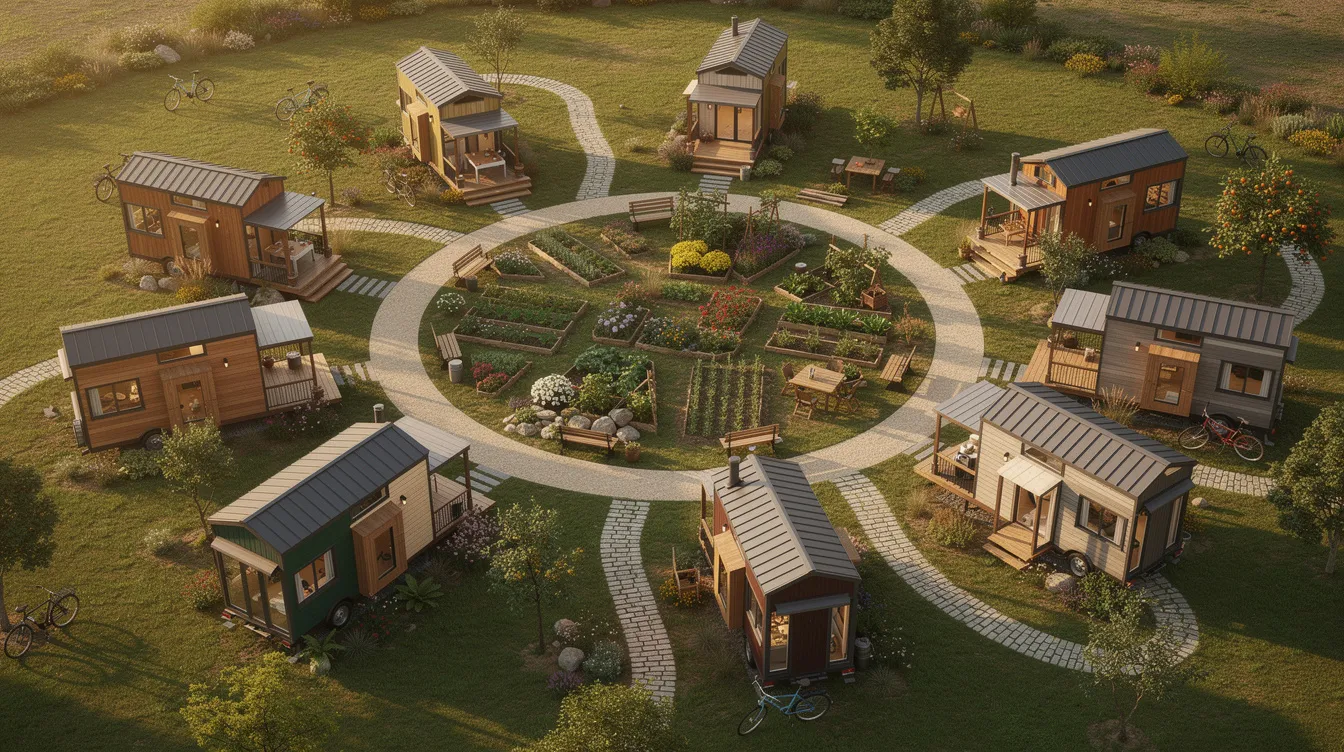 5cfc82f9ce774b53ad760048088a6d5e An aerial view showcases a tiny home community in Louisiana featuring small houses arranged around a vibrant central garden and winding walking paths This picturesque neighborhood offers residents a sense of community with shared spaces for relaxation and connection