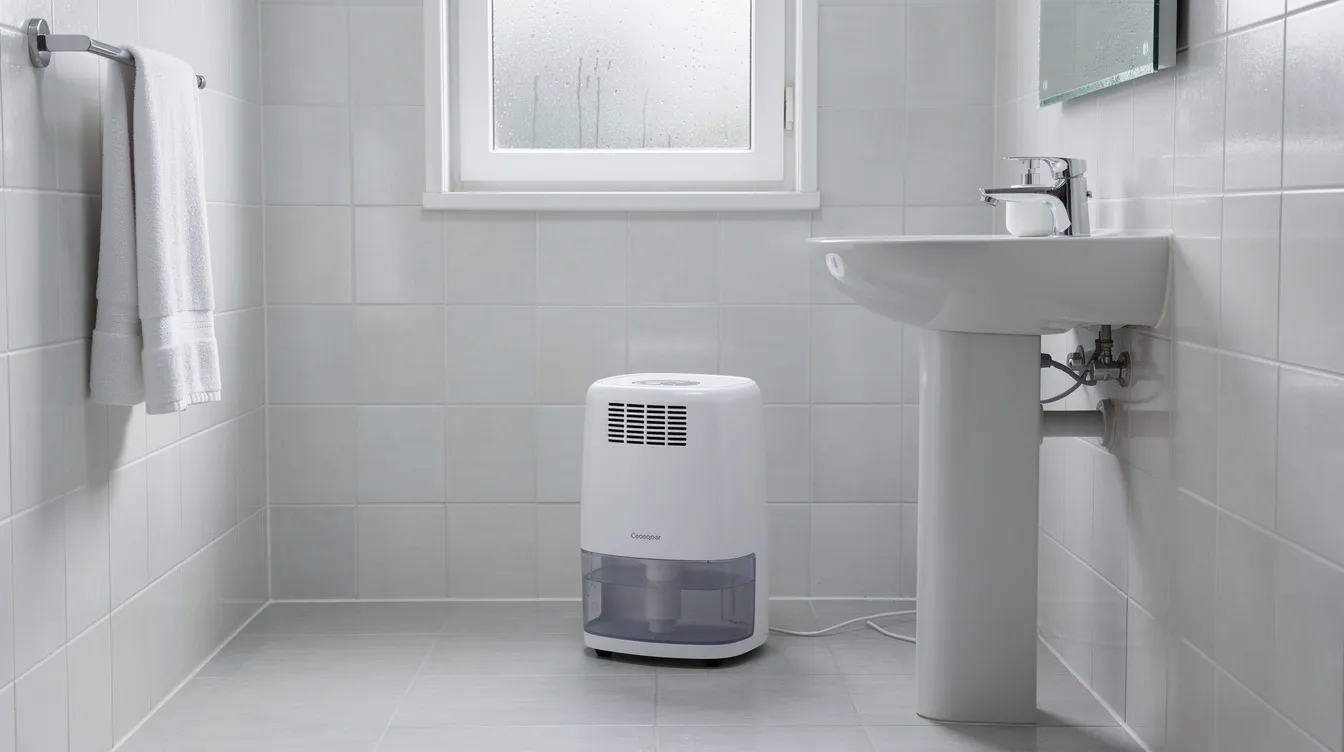 5e198ab07d72499083ba8de36e2daf81 A compact dehumidifier is positioned in a small bathroom of a tiny house helping to manage moisture buildup and prevent water damage This appliance contributes to a healthy living environment by reducing condensation and potential mold growth on the walls and fixtures