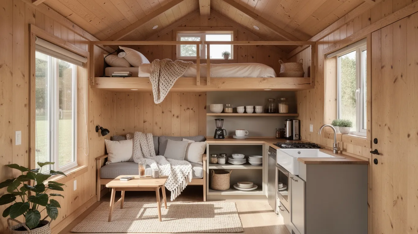 5efd0e518fd74c94a05a2ec432628d0a The image depicts the interior of a cozy tiny house featuring wooden walls with a sleeping loft above an open kitchen and living area Natural light floods the space through large windows creating a warm and inviting atmosphere in this efficient tiny living environment