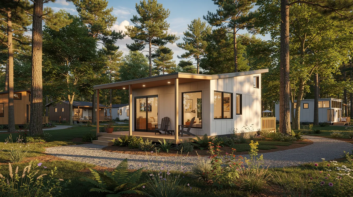 5ff8cbf8f87b4d3092eea63085813b61 The image depicts a charming park model tiny home nestled in a serene wooded community surrounded by lush greenery This cozy dwelling represents an ideal option for those exploring tiny home financing and seeking affordable housing solutions amidst nature
