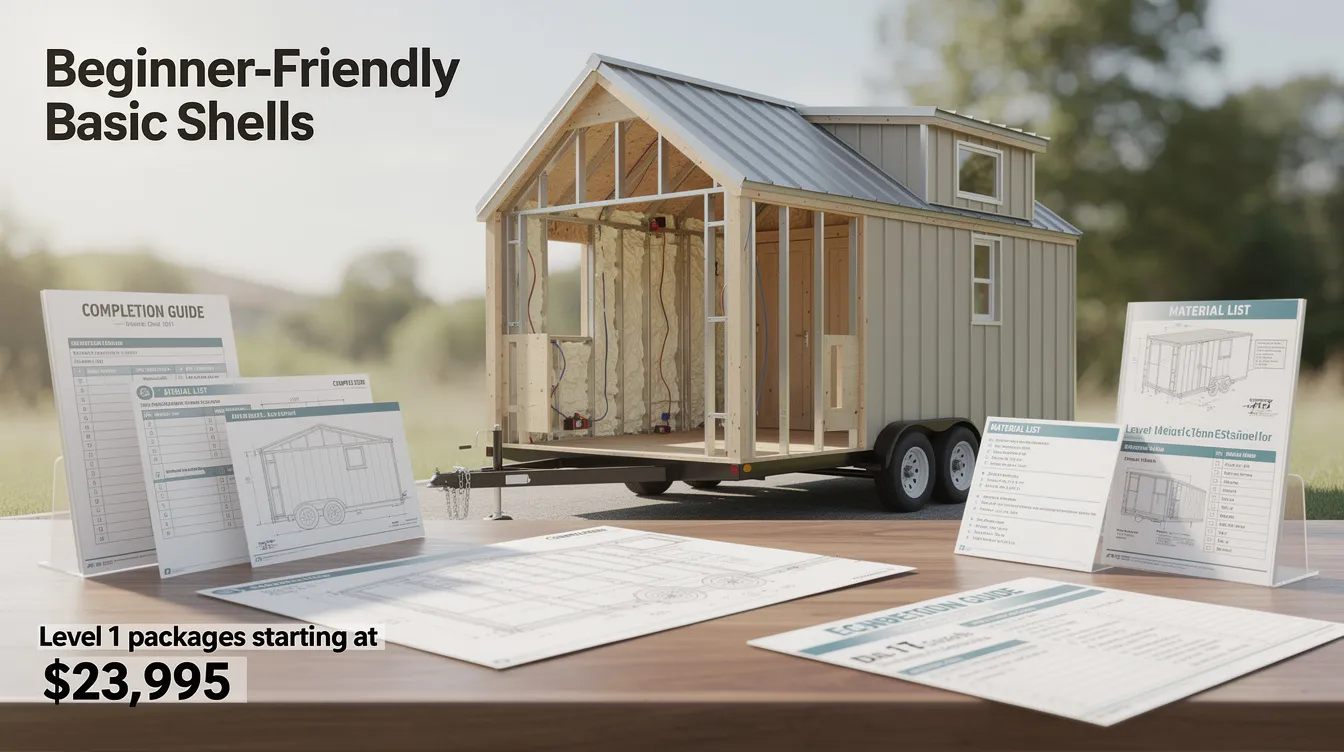 60c6298aa00741e780526a27bb22f92a The image showcases a beginner friendly tiny house shell kit featuring steel framing and complete exterior walls ideal for customers looking to manage their own interior finishing This package includes spray foam insulation and standard siding providing a customizable base for tiny home living