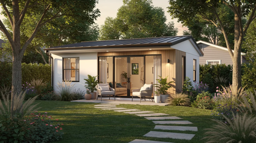 615fb51ad23b46769af2ea8a1b7d61e8 The image features a small modern accessory dwelling unit known as a tiny home nestled in a lush backyard garden setting This compact living space exemplifies the concept of tiny living offering a cozy and affordable option for those exploring tiny house communities in Maine