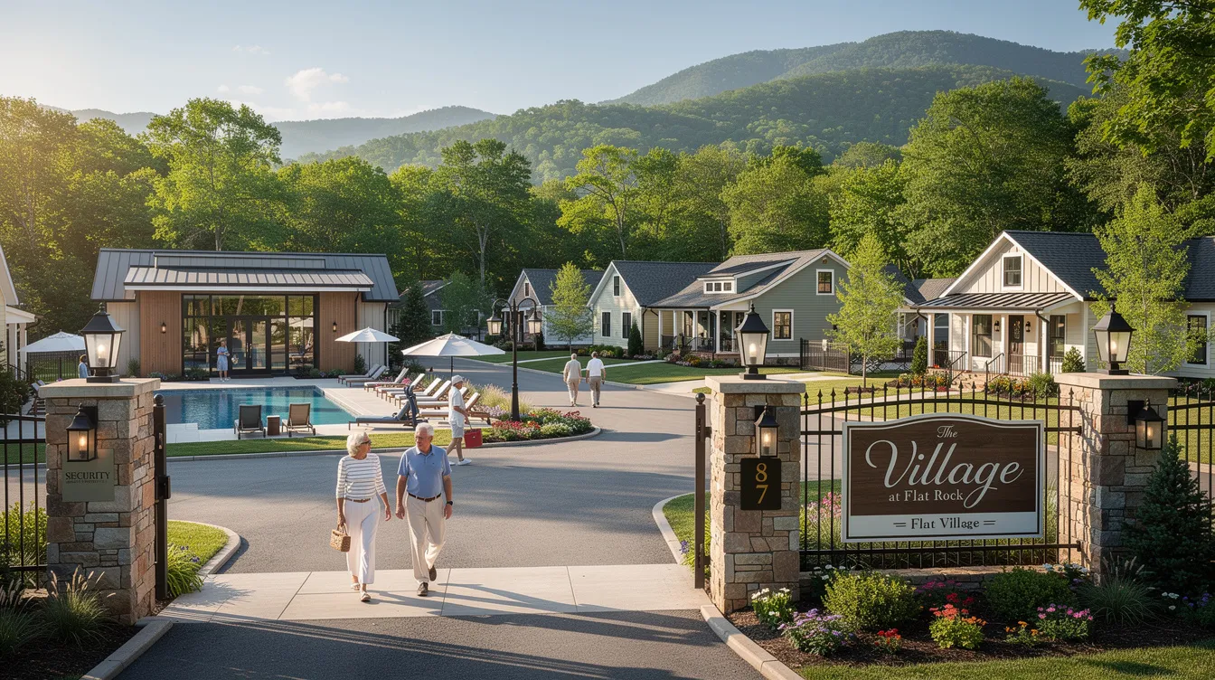 61f34cf241d4414e8980f23a8f851979 The image showcases The Village at Flat Rock a luxurious gated community in Western North Carolina featuring upscale amenities such as a pool and fitness center Residents enjoy a low maintenance lifestyle surrounded by the natural beauty of the Blue Ridge Mountains making it an ideal spot for retirees and those seeking the simple life