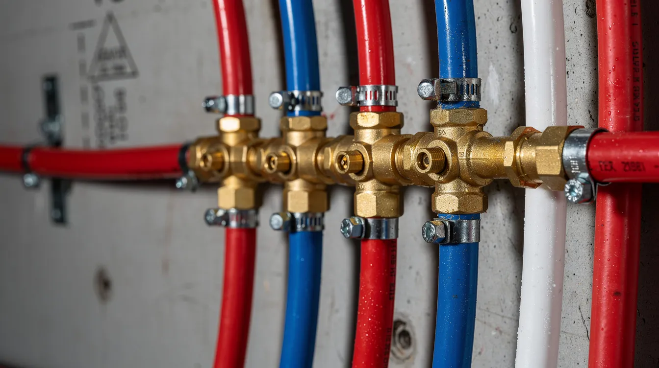 61ff62980ff64a68be761ba9cc4b983c The image features a close up view of vibrant PEX tubing connections within a utility space showcasing the plumbing system typically used in tiny houses These colorful tubes are essential for distributing fresh water and managing waste water in efficient energy conscious living environments
