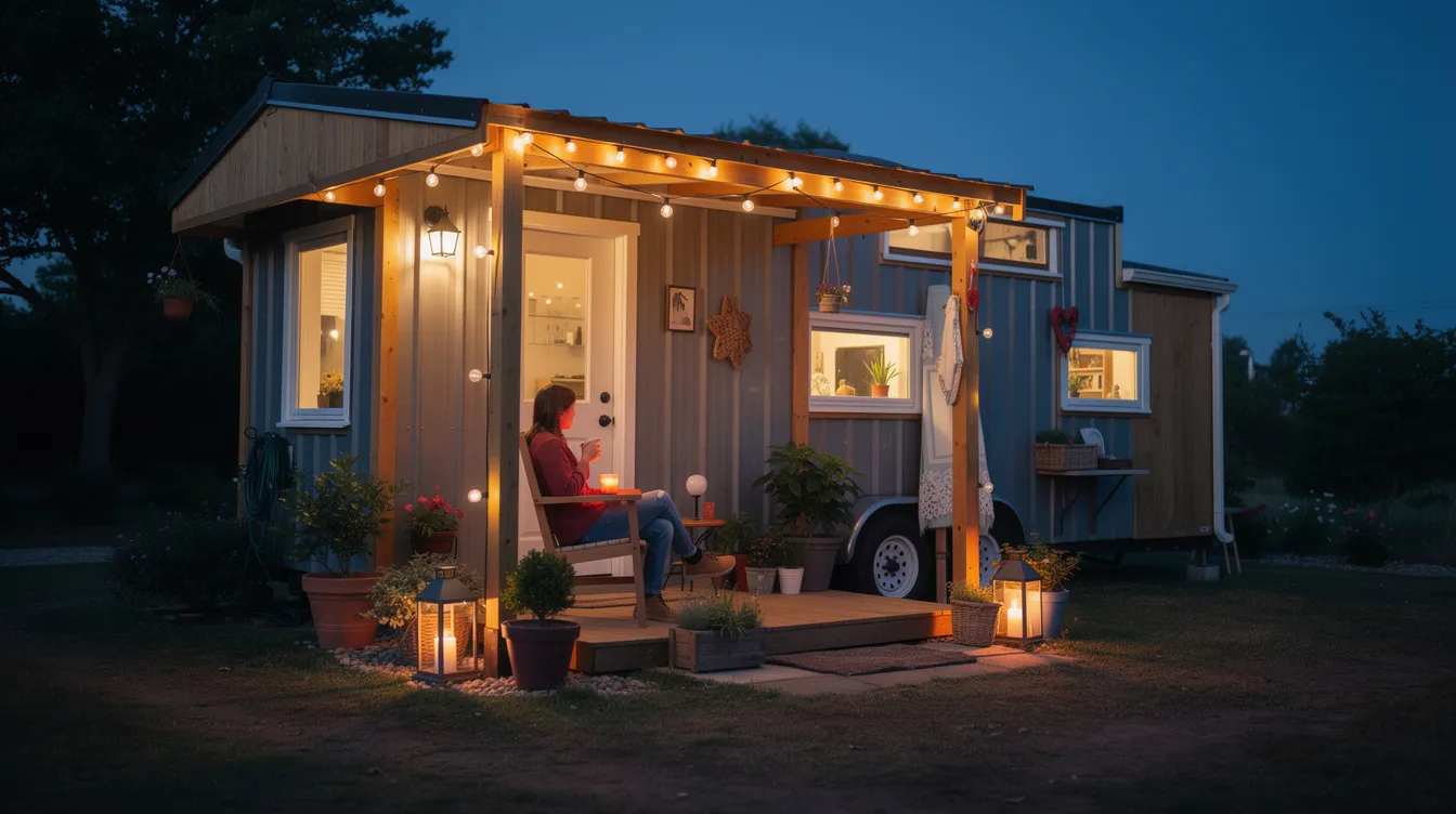 6247e374f9e54a26bb2e5e49ffcfecb0 A person is sitting in a chair outside a tiny home adorned with string lights enjoying a pleasant evening outdoors This scene captures the essence of tiny house living showcasing the charm and coziness of tiny homes while highlighting the appeal of sustainable living in a small space