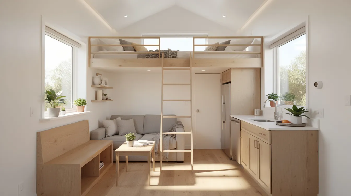 62aca3d421004a9c9cbd5ae715b0e0a7 The image depicts the interior of a tiny house featuring an open living area with natural light streaming through large windows and loft beds visible above showcasing the cozy and efficient design typical of tiny house living This small space is ideal for a family promoting close relationships while maximizing functionality in such a small area