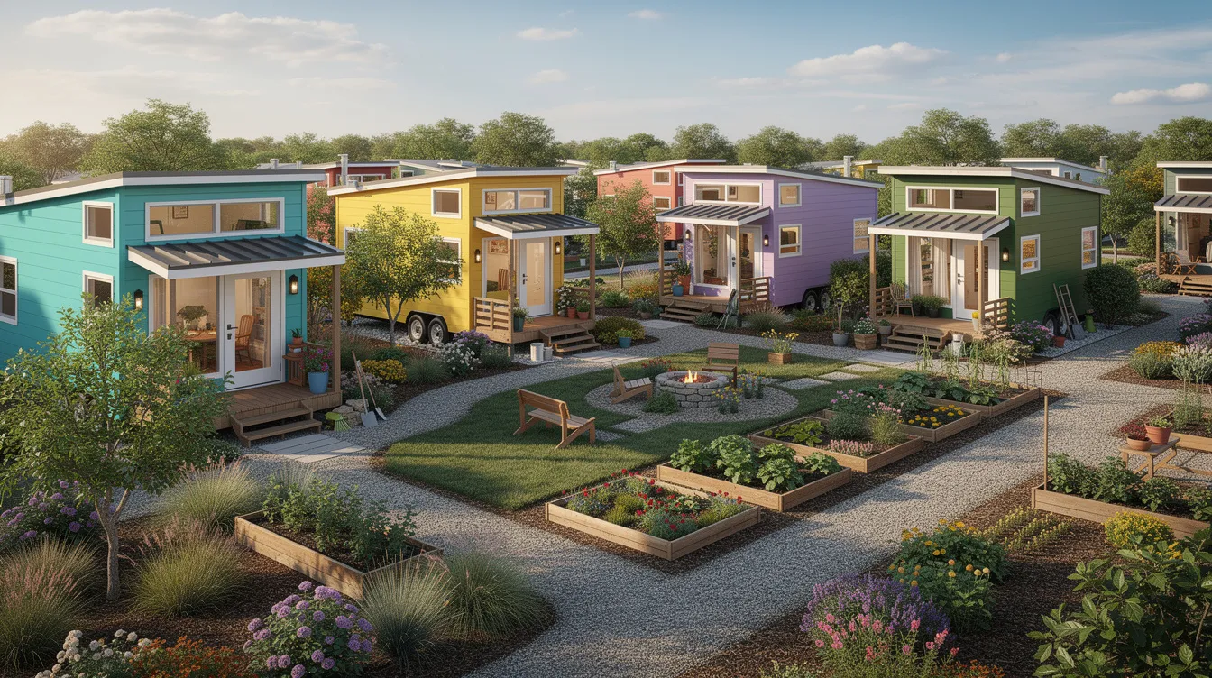 62c3542a0fdf49b7a942205fb2ff35a0 The image depicts a vibrant tiny house community featuring several colorful tiny homes surrounded by lush landscaping embodying the essence of the tiny house movement This scene highlights affordable housing options and the minimalist lifestyle embraced by tiny homeowners inviting viewers to consider financing a tiny house as a viable living solution