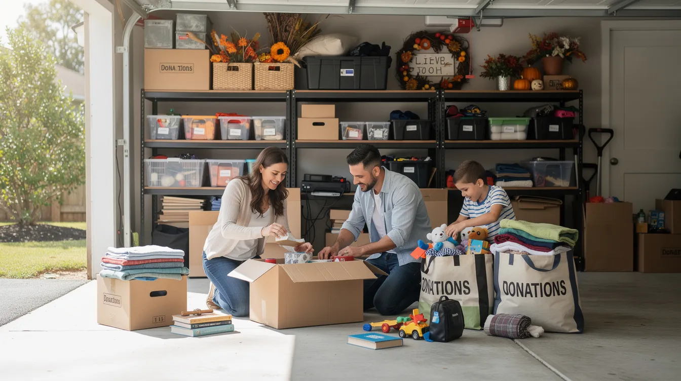 62c385d0ebaf47ba98d5895c4139b460 A family is busy organizing boxes and belongings in a garage with visible donation bags ready for giving away items This scene reflects the essence of tiny house living where maximizing space and decluttering is essential for a harmonious family life