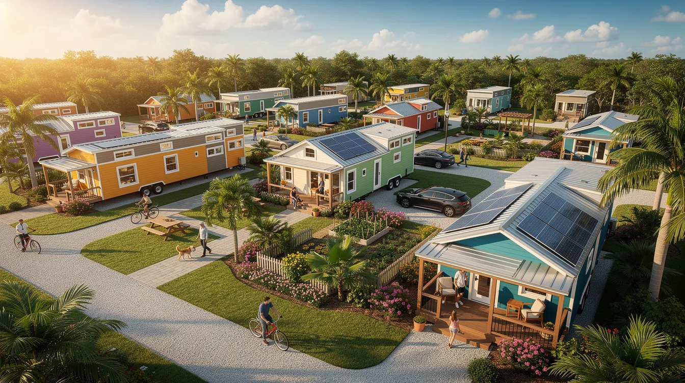 631fad3a5d61422a9a203917420228df The image depicts a gracious tiny house community in Florida showcasing thoughtfully designed tiny homes surrounded by green spaces and raised garden beds Residents enjoy a close knit lifestyle with a community garden and easy access to the beautiful Florida Keys emphasizing the charm of tiny living in the Sunshine State