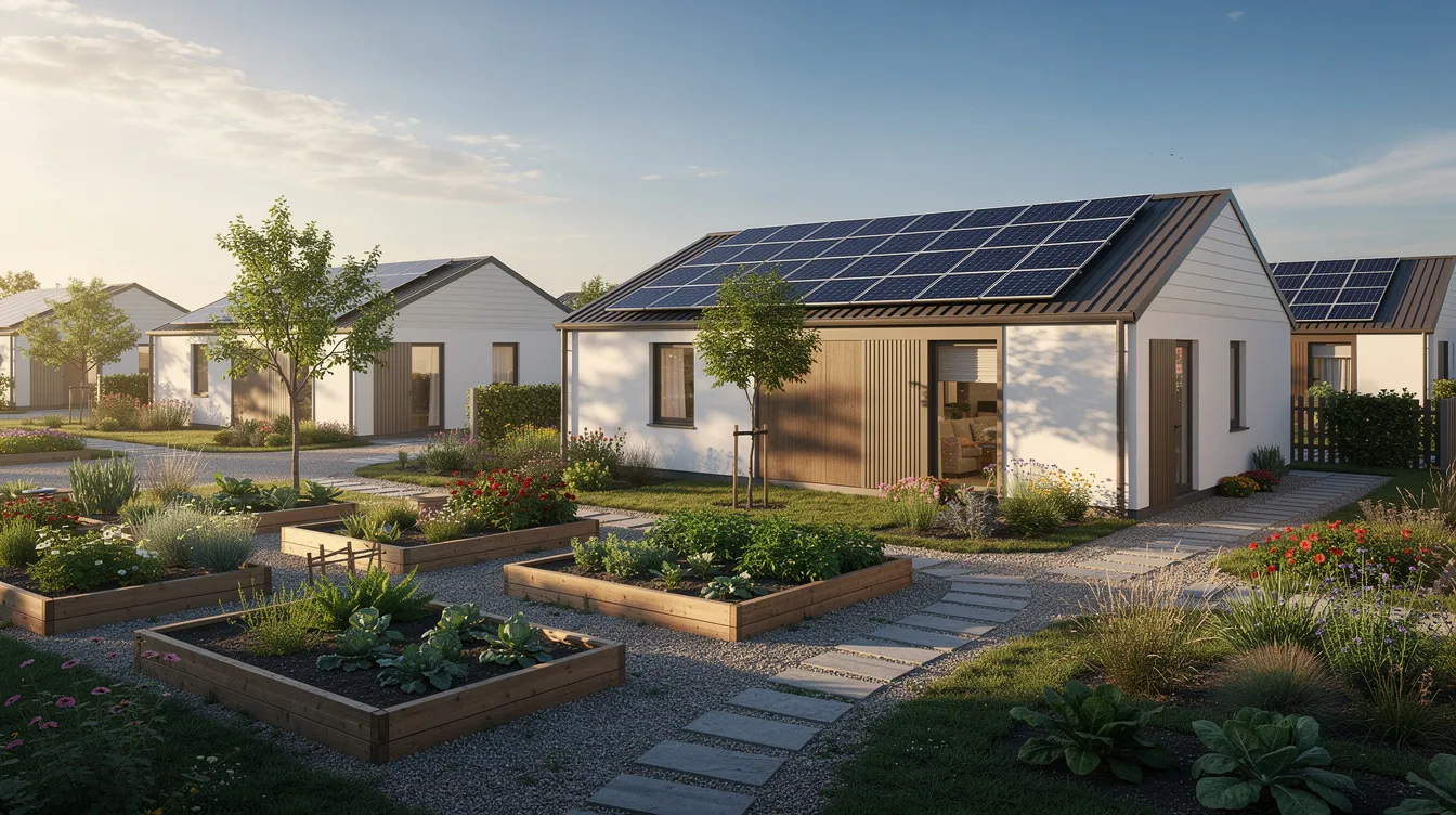643e9793ca3c4808bbb5caafca30a68c The image depicts a tiny house community with small homes featuring solar panels on their rooftops surrounded by vibrant garden beds that enhance the sense of community living in Oregon This serene setting reflects the ideals of affordable housing and sustainable living inviting residents to enjoy nature and engage in community gardening