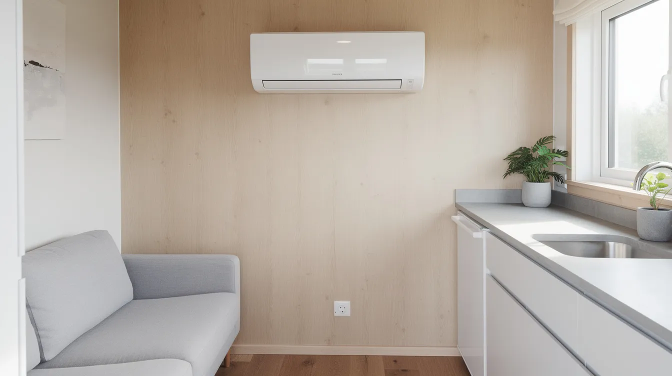 64be387cea244969a0da8c2f3276fd2b The image shows a sleek wall mounted mini split indoor unit installed in the interior of a modern tiny house designed to provide efficient cooling solutions for small spaces during the summer This energy efficient system helps maintain comfortable indoor temperatures while minimizing heat gain making it ideal for tiny homes