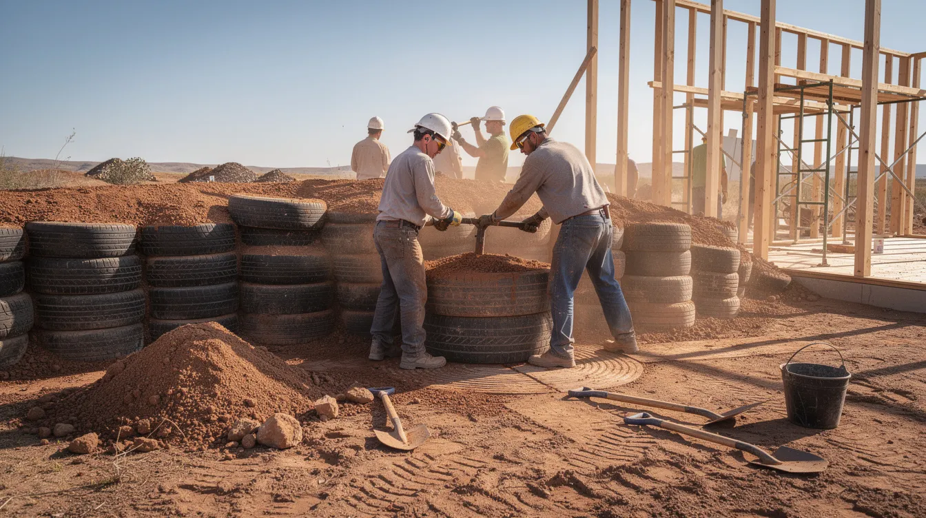6522c09546474f7eb445b9df8bc22fe8 The image shows workers compacting earth into stacked car tires on a construction site a key step in the earthship construction process This sustainable building technique popularized by Michael Reynolds utilizes recycled materials like old tires and emphasizes self sufficiency in energy and water management