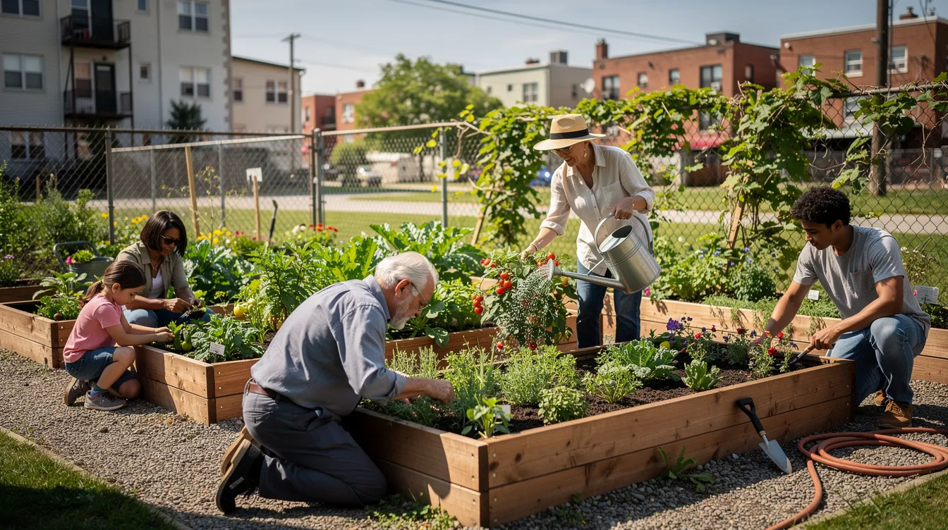 65bf8446e18d41fa905de377f867147e The image depicts a vibrant community garden where residents of a tiny house community in New York are actively tending to raised beds filled with various plants The scene showcases a sense of collaboration and connection among the residents highlighting the green spaces that contribute to the welcoming atmosphere of their tiny living environment
