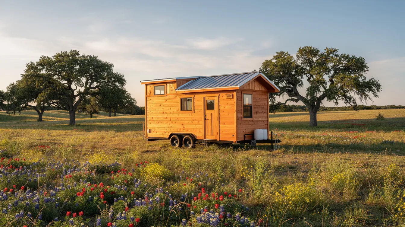 680ef3676d6b4f3988f4371720d4d312 A small wooden tiny house on wheels is parked on open land in Texas surrounded by vibrant wildflowers and oak trees This scene captures the essence of tiny home living in the Lone Star State highlighting the beauty of rural areas and the growing tiny house movement