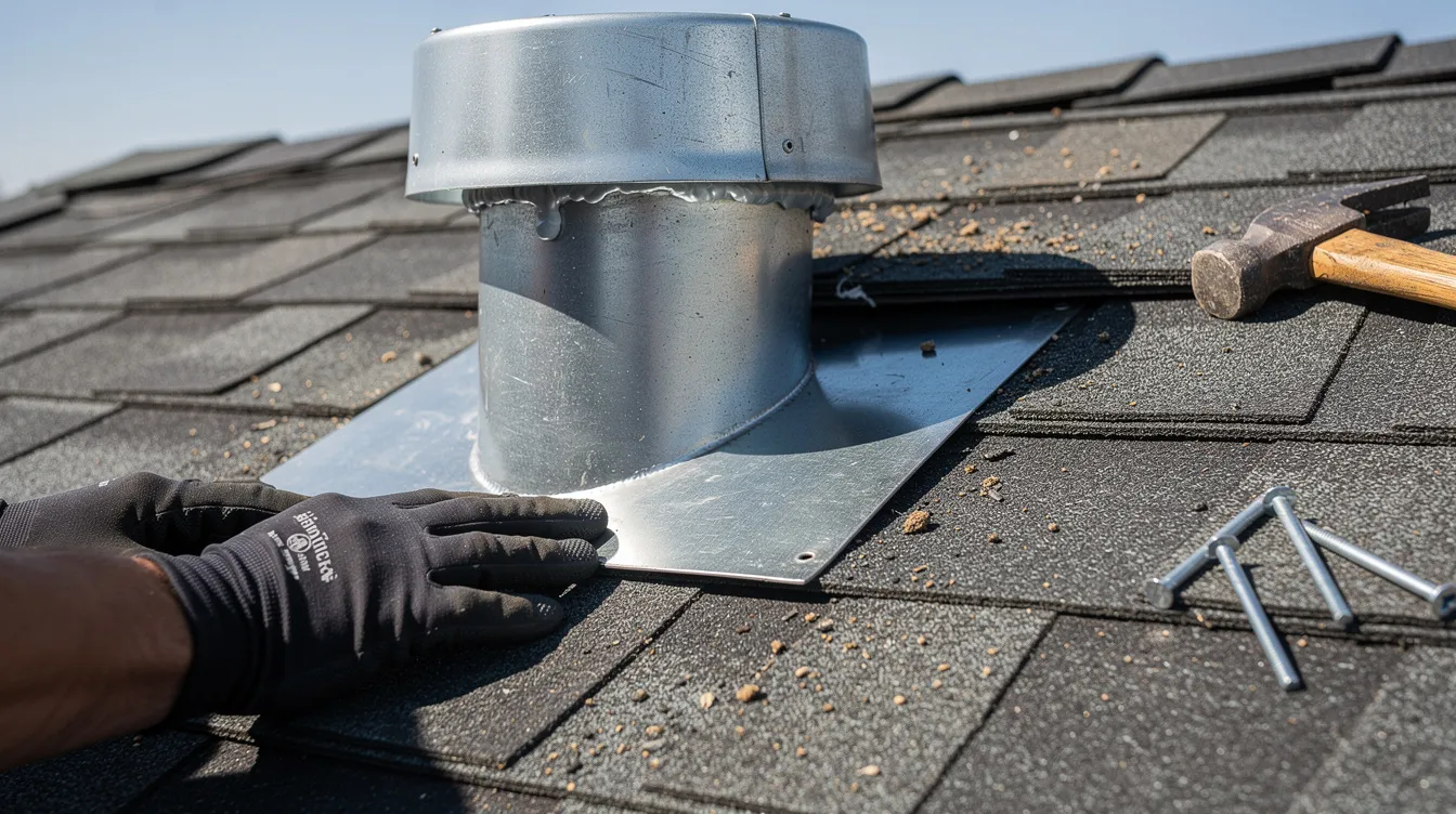 68367289867a409281af7a53aa2e6859 A close up image shows metal roof flashing being installed around a vent pipe on a tiny house highlighting the importance of waterproofing to protect against moisture buildup and potential water damage Proper sealing around vents is crucial for maintaining a healthy living environment and preventing leaks in the building envelope